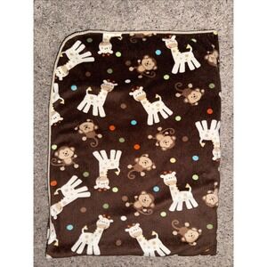 Just Born Baby Blanket‎ Lovey Brown Jungle Animal Monkey Giraffe Dots Tan Sherpa